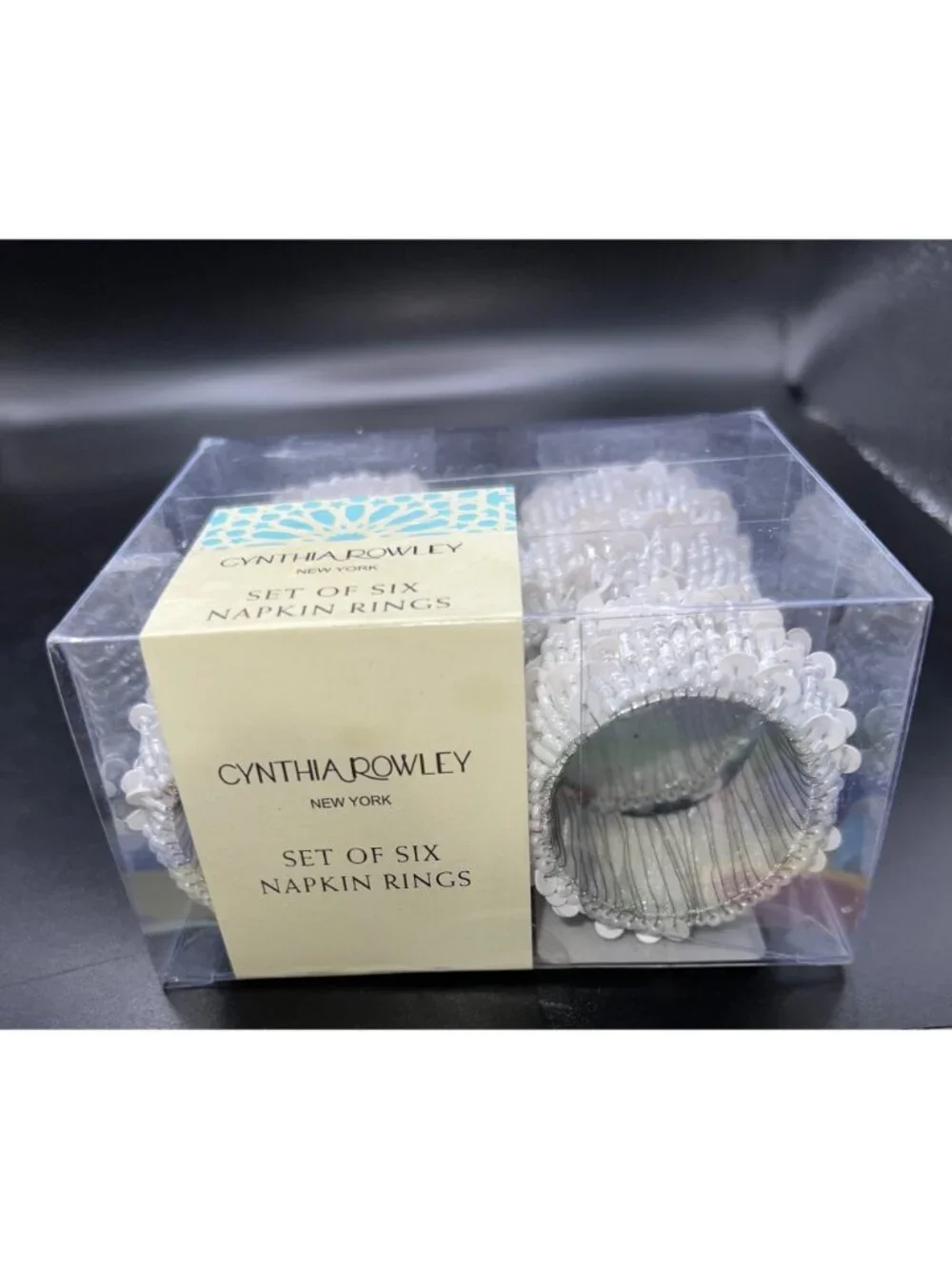 Cynthia Rowley New York Set Of Six White Beaded Napkin Rings In Clear Box Elegan